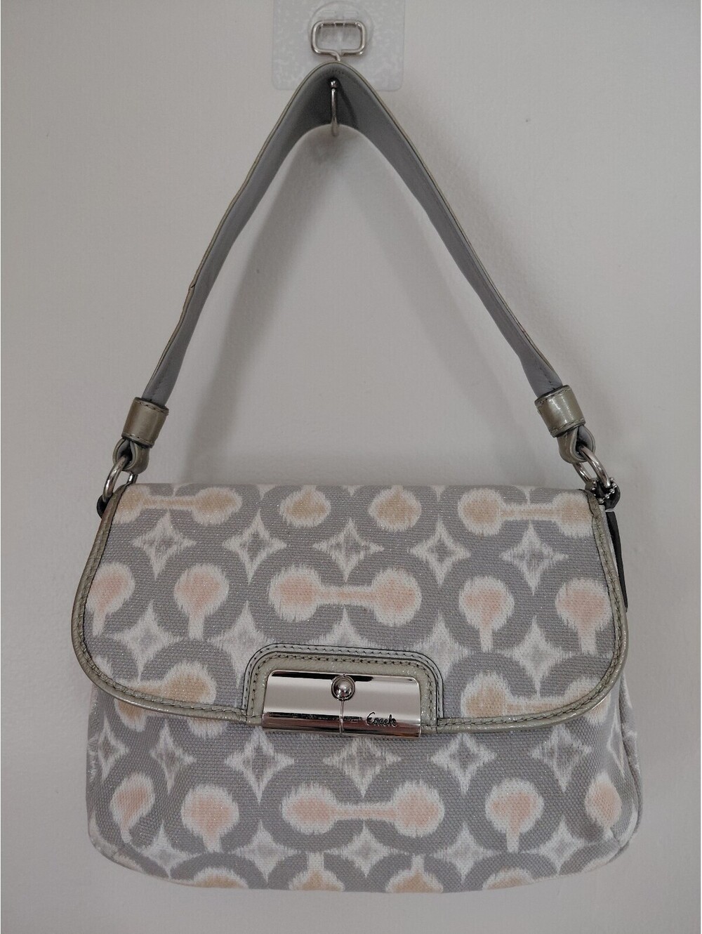 Coach Women's Gray and Pink Signature Jacquard Shoulder Bag with Leather Trim